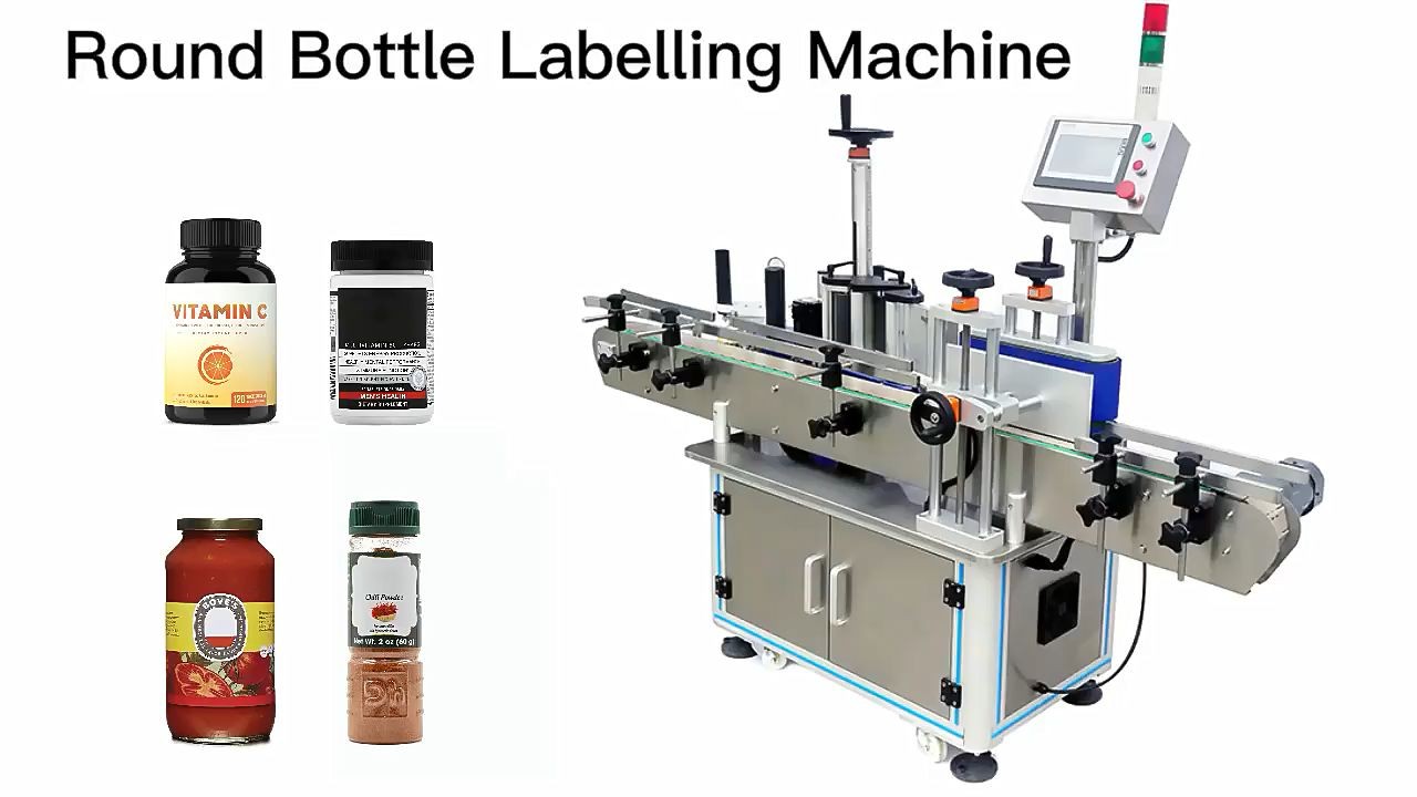 Прилагодлива автоматска машина за етикетирање на тегли со тркалезни шишиња
