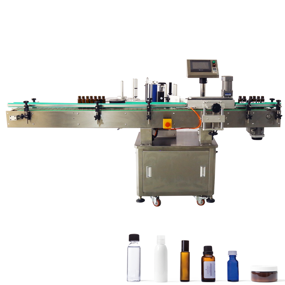 Begi tanta automatikoak botilak eranskailuen etiketatze-makina inguratzen ditu Begi tanta automatikoak botilak eranskailuen etiketatze-makina inguratzen ditu